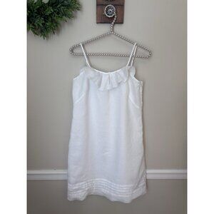 LOFT Womens Petite Size 6P White Linen Dress Sleeveless Ruffle Trim Pleated Hem